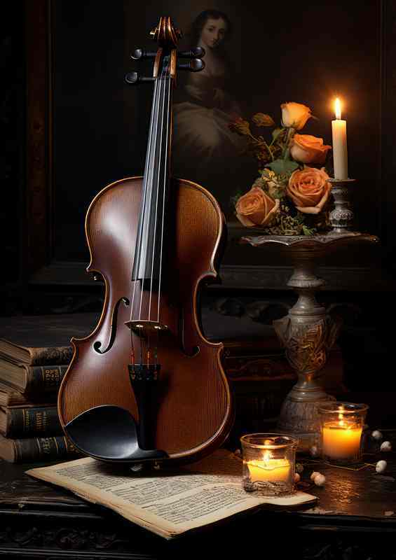 The violin and the music sheet with candle ornament | Metal Poster