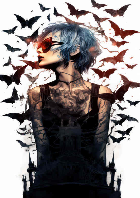 Woman with bats flying in the air | Metal Poster