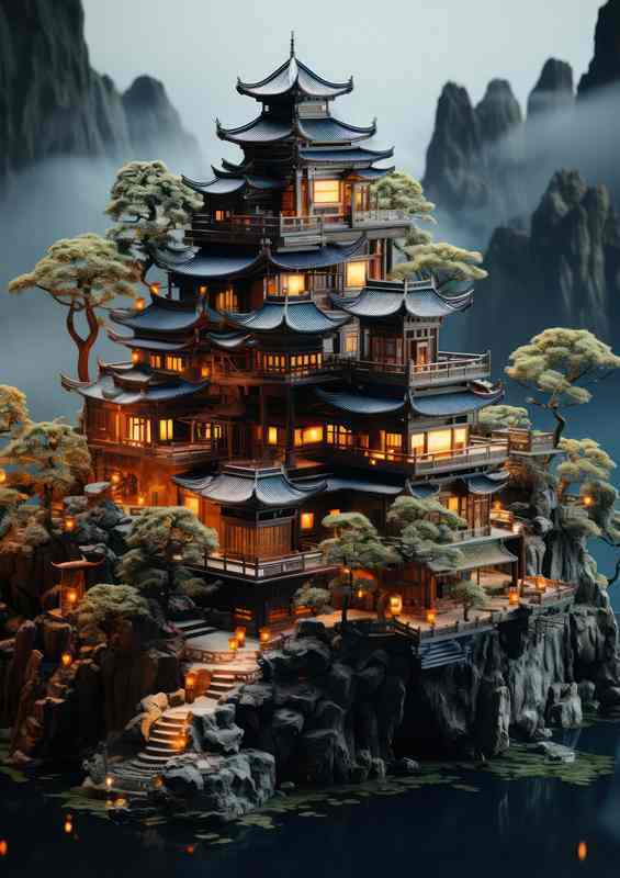 Chinese summer house sitting on top of a island | Metal Poster