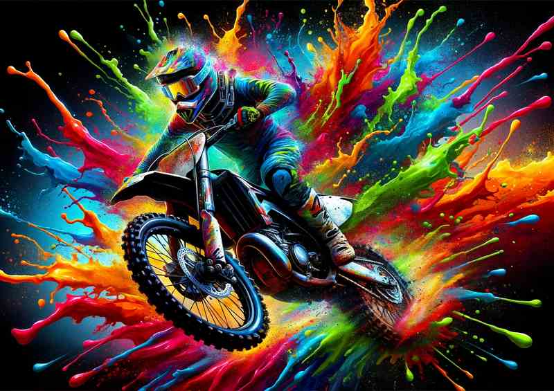 Explosive Motocross Stunt Vivid Splash Colors | Metal Poster
