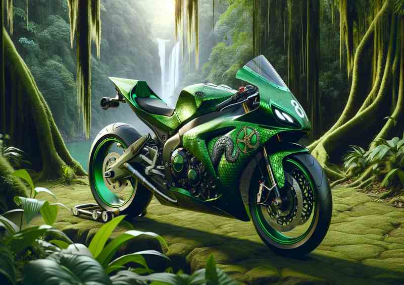 Green Snake Racing Motorcycle In The Jungle | Metal Poster