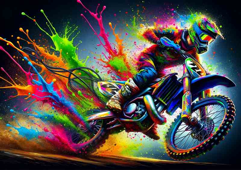 Motocross Stunt Vivid Splash Colors an action packed | Metal Poster