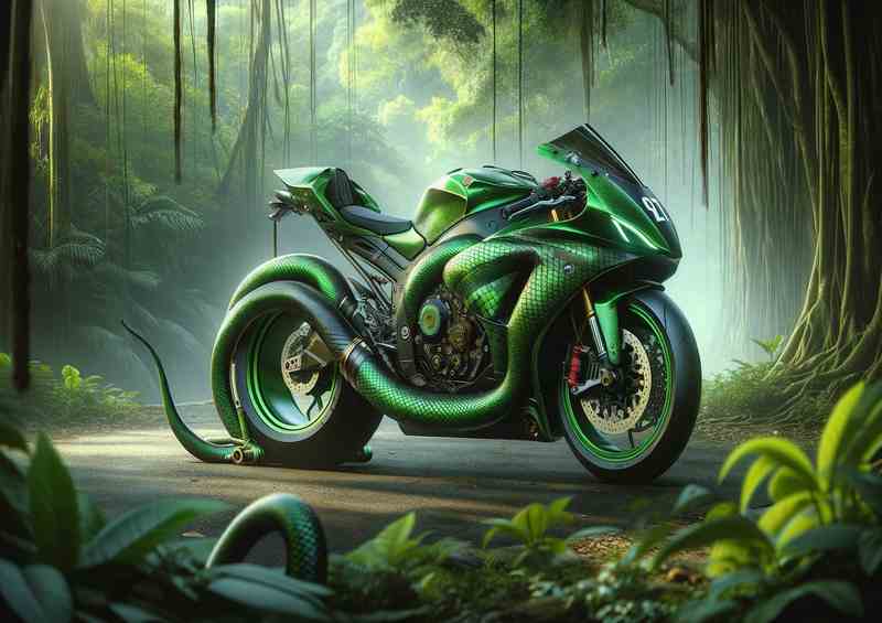 Serpent Elegance Green Racing Motorcycle | Metal Poster