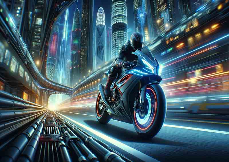 Superbike Zooming Past a Futuristic Cityscape | Metal Poster