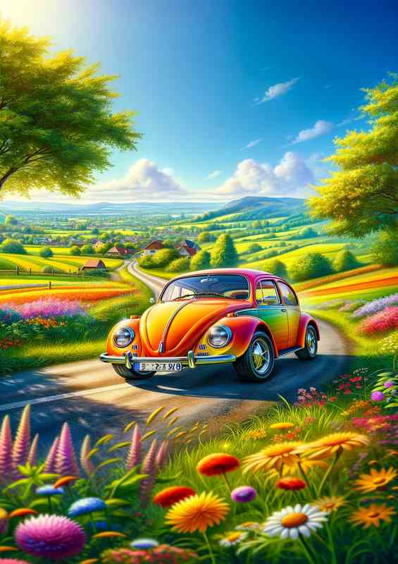 Beetle Car in Vibrant Countryside | Metal Poster
