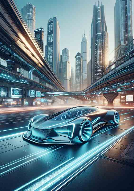 Futuristic Concept Car in an Urban Sci Fi Setting | Metal Poster