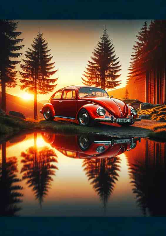 Iconic Red Beetle Car Sunset Reflection | Metal Poster