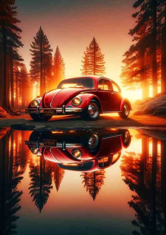 Red Beetle Car Sunset Reflection | Metal Poster