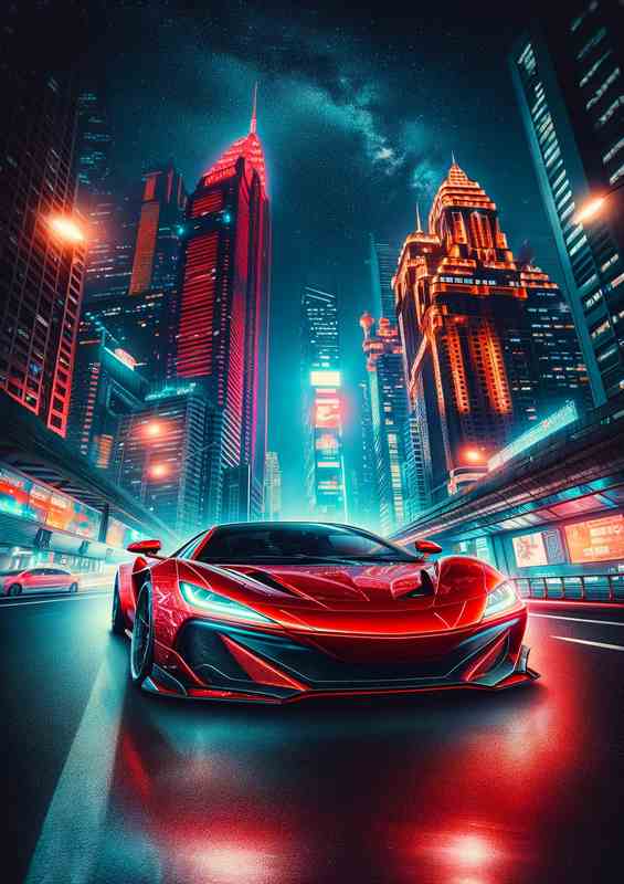 Red Supercar in Dazzling Night Cityscape | Metal Poster