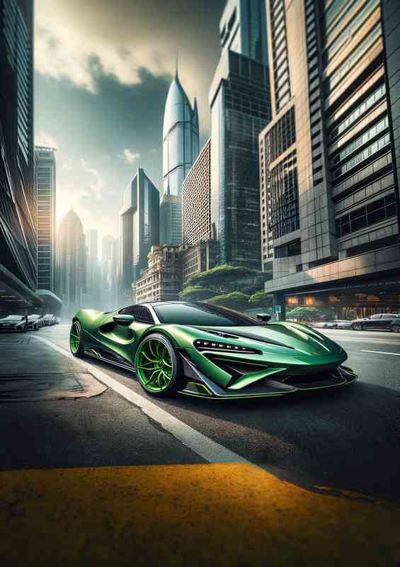 Sleek Green Supercar in Urban Landscape | Metal Poster