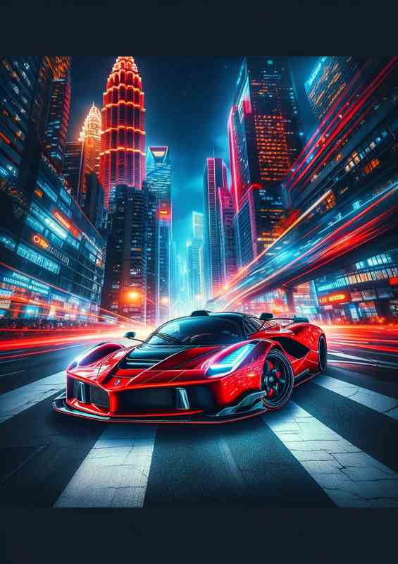 Supercar in Dazzling Night Cityscape | Metal Poster