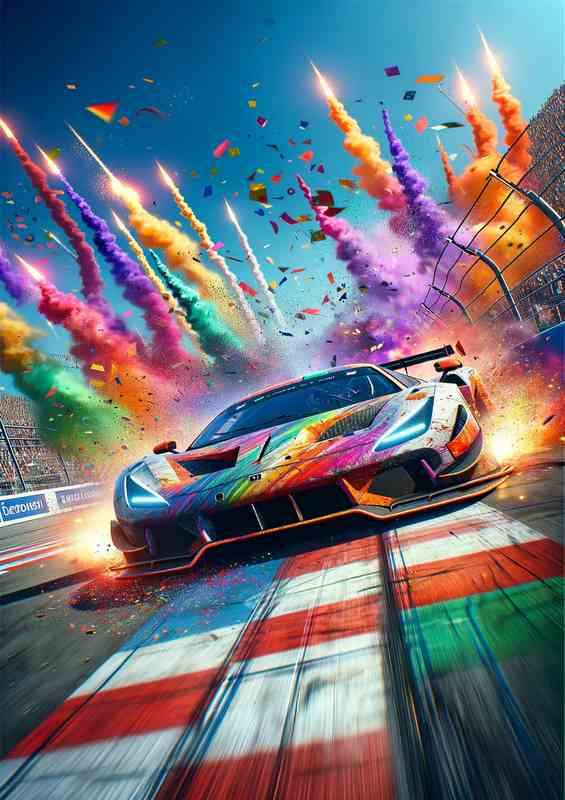 Vibrant Supercar Battle with Colorful Explosions | Metal Poster