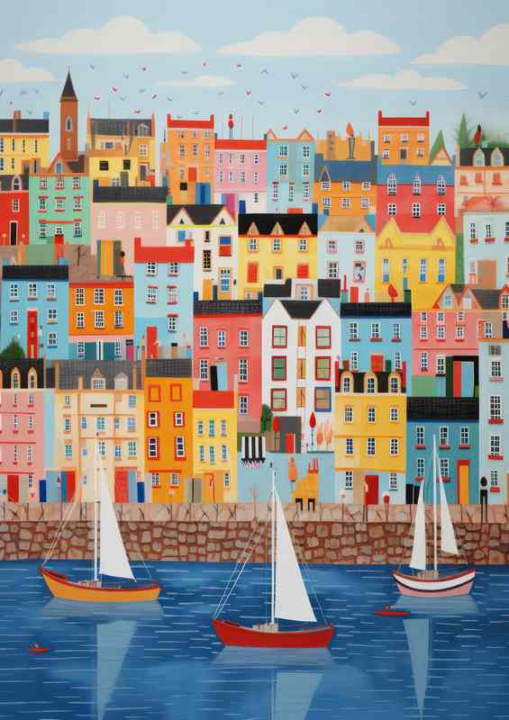 Sailing Boats in the Oceans Embrace town scene | Metal Poster