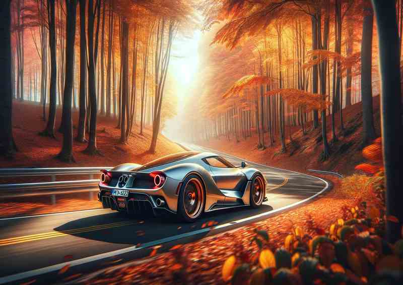 Elegant Sports Car Racing through Autumn Forest | Metal Poster