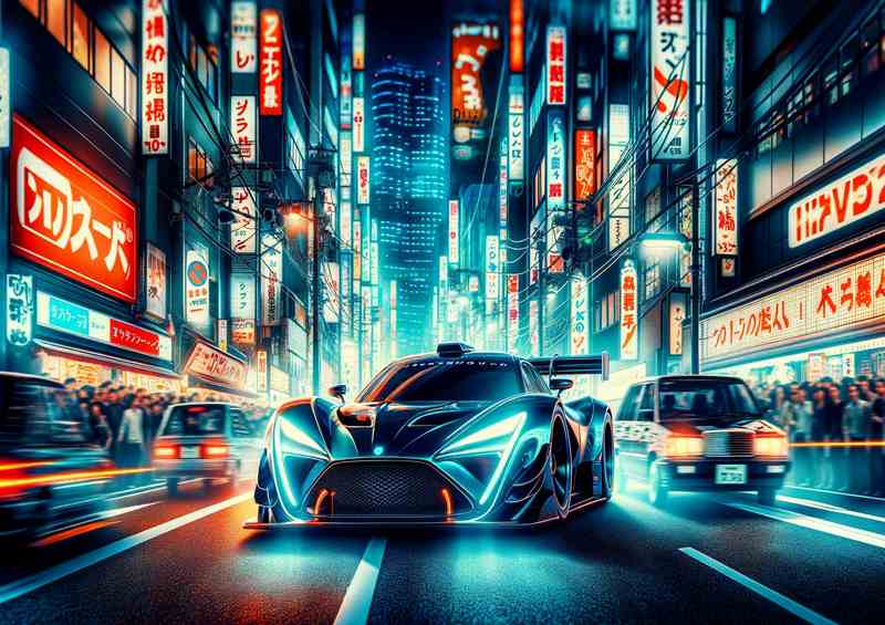 Performance Car Racing through Tokyo Streets at Night | Metal Poster