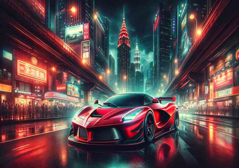 Red Supercar Gliding through Night Cityscape Metal Poster
