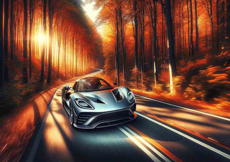 Sports Car Racing through Autumn Forest and setting sun | Metal Poster