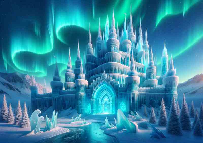 Frozen Citadel majestically under the aurora borealis | Metal Poster