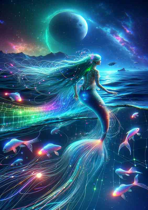 A cybernetic mermaid navigating through a digital ocean | Metal Poster
