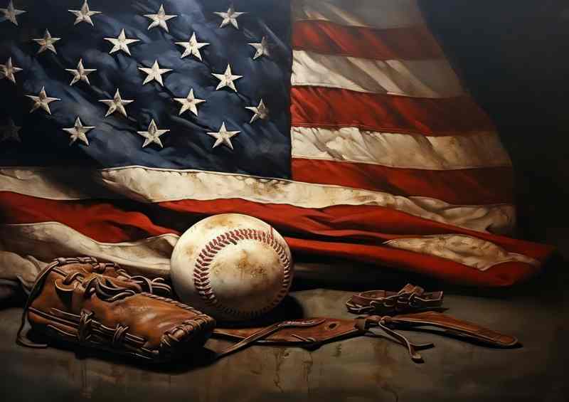American flag with a baseball and a glove | Metal Poster