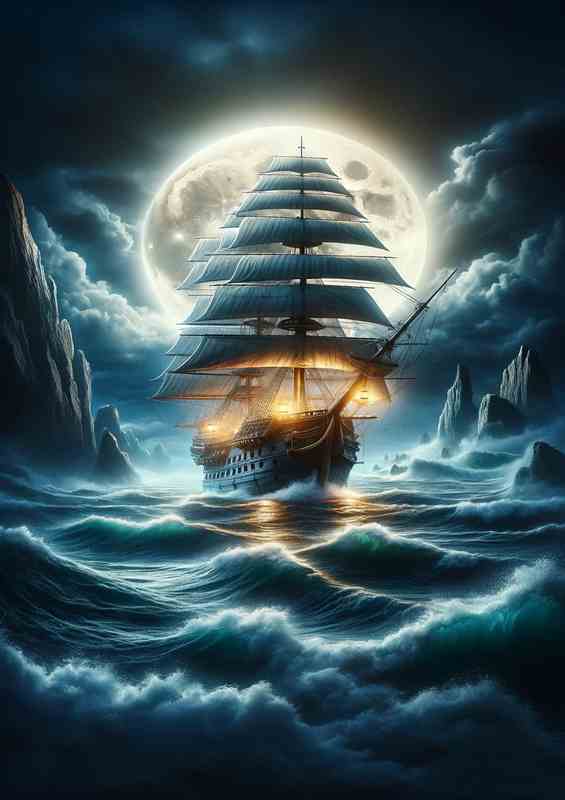Galleon Moonlit Voyage through Stormy Seas | Metal Poster