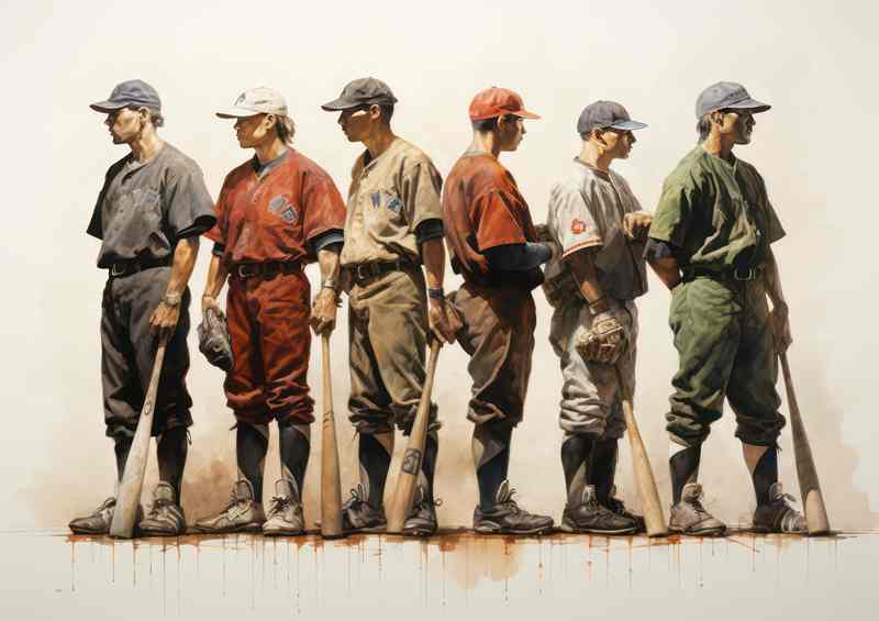 Baseball players lined up to pitch painted style | Metal Poster