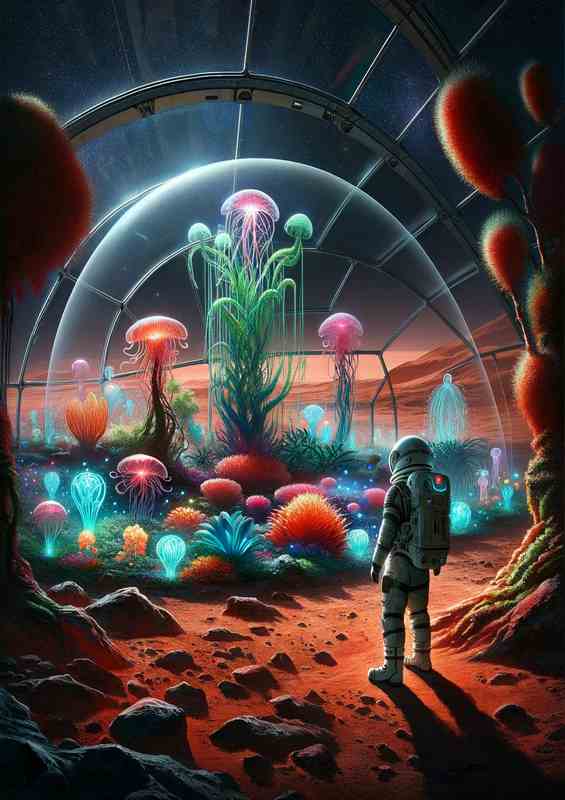 A lone astronaut discovering a garden on Mars | Metal Poster
