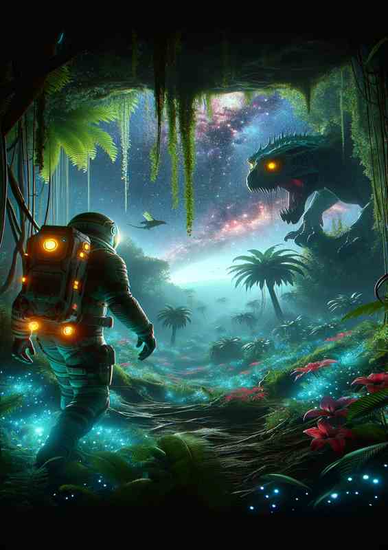 Cinematic Scene of a Space Explorer in an Alien Jungle | Metal Poster