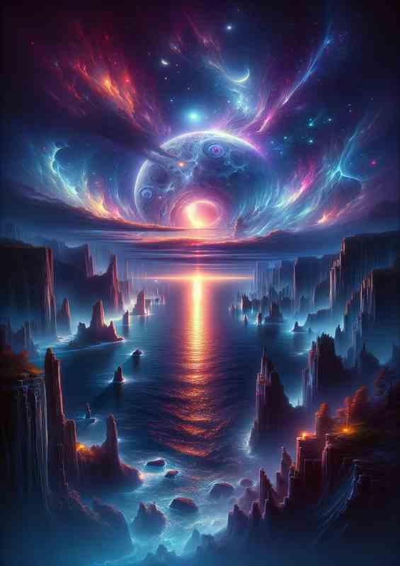 Mystical Twilight Cliffs Celestial Ocean And moons | Metal Poster