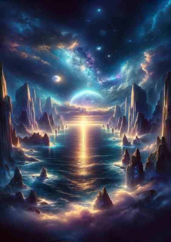 Mystical Twilight Cliffs Celestial Ocean Panorama | Metal Poster