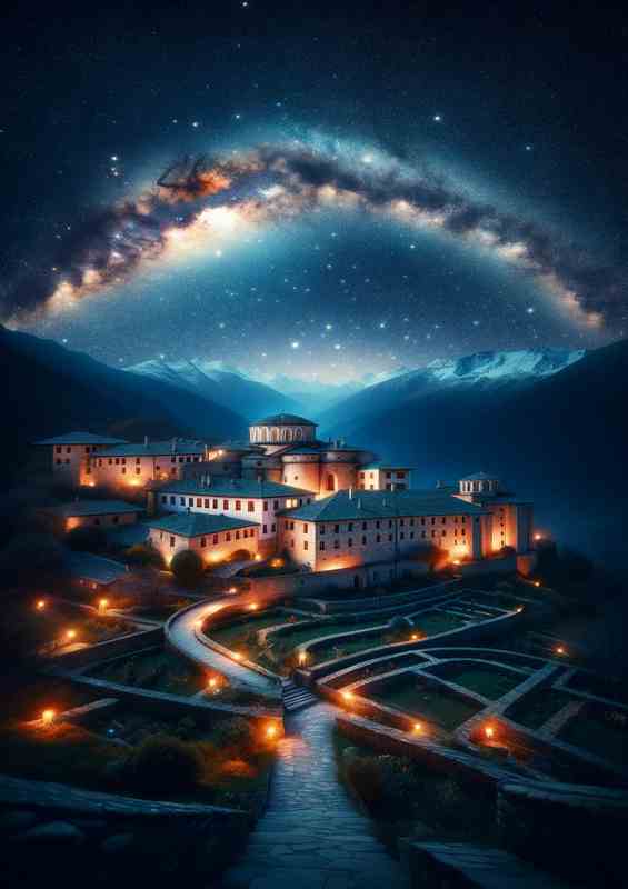 Starry Night Over Mountain Monastery | Metal Poster