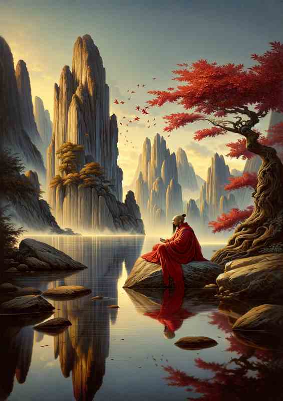 Serene Monk Ancient Chinese Wisdom Art along the river | Metal Poster