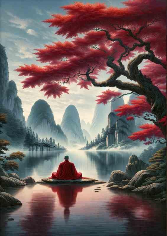 Red Maple Zen Lake Metal Poster