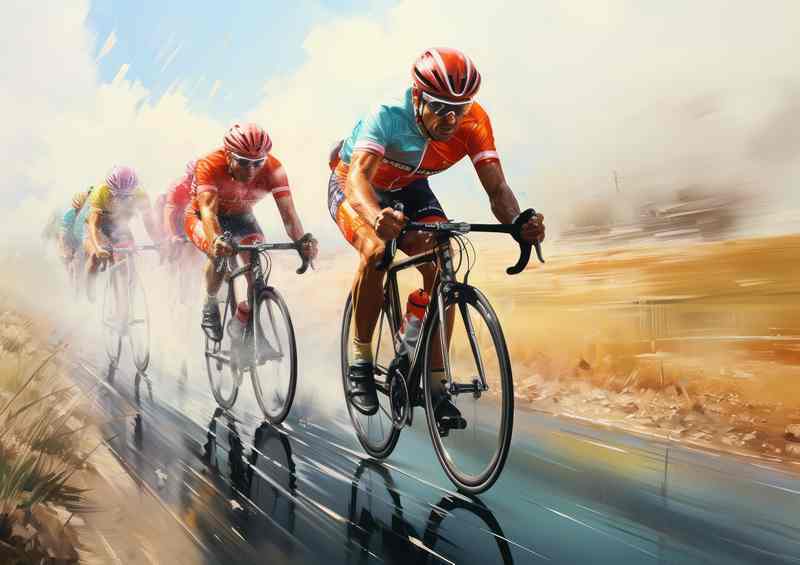 The cyclists racing in a blurred field | Metal Poster