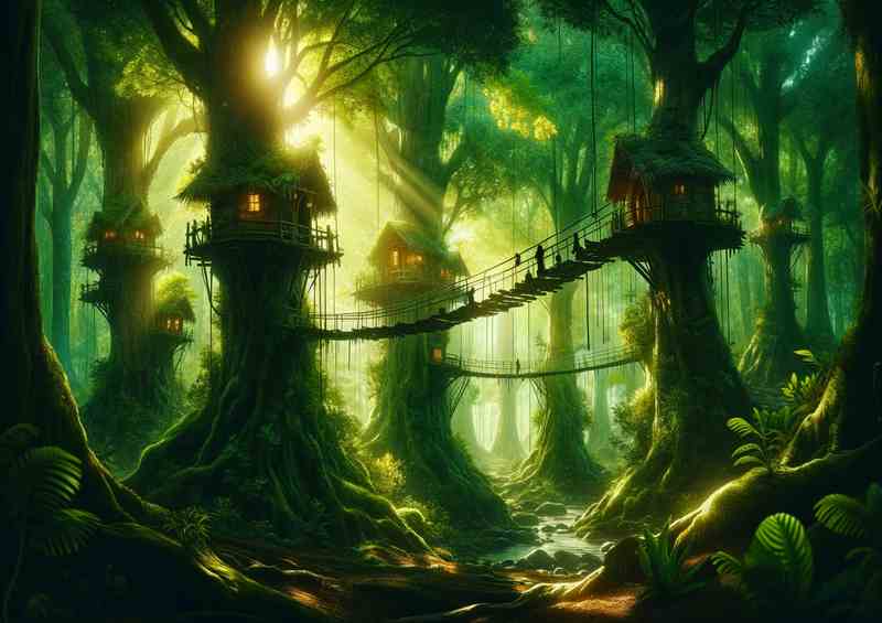 Emerald Canopy Enchanting forest with treehouses | Metal Poster