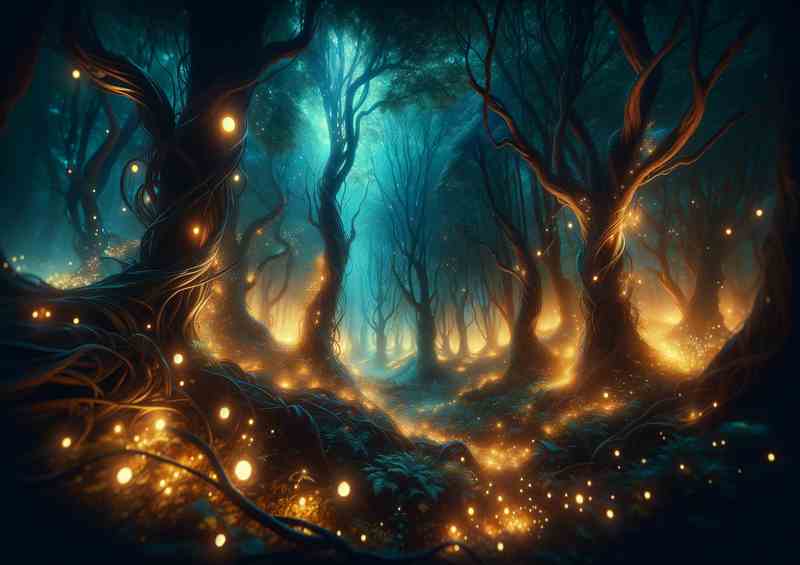 Enchanted Forest Illuminated by Mystic Lights | Metal Poster