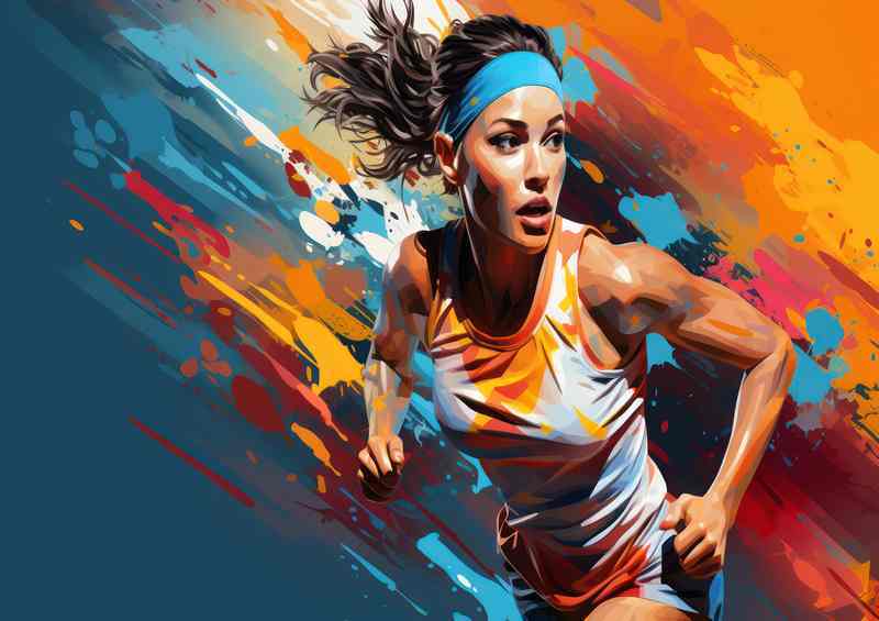 Woman running in colorful designs | Metal Poster