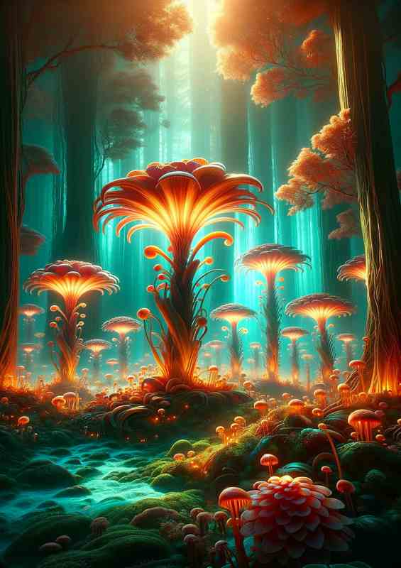Enchanted Forest with Luminescent Alien Flora | Metal Poster