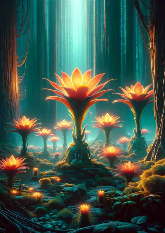 Enchanted Forest with Luminescent Alien Flora Metal Poster (Neon)