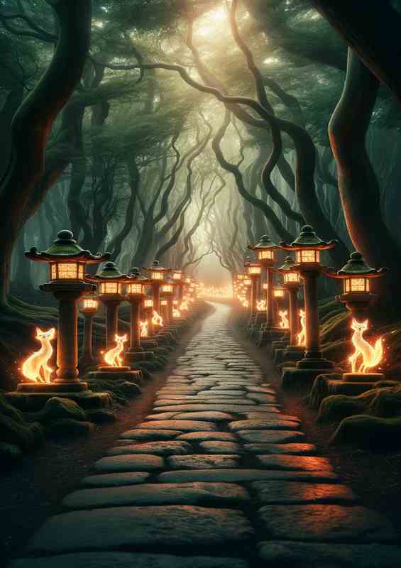 Enigmatic Foxfire Lanterns Down the path | Metal Poster