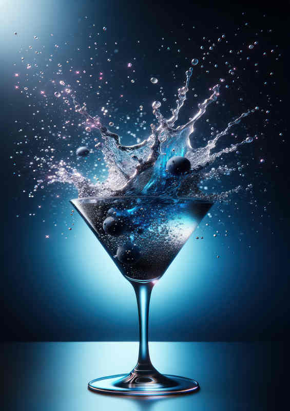 Midnight Blue & Sparkling Silver Cocktail Glass Metal Poster