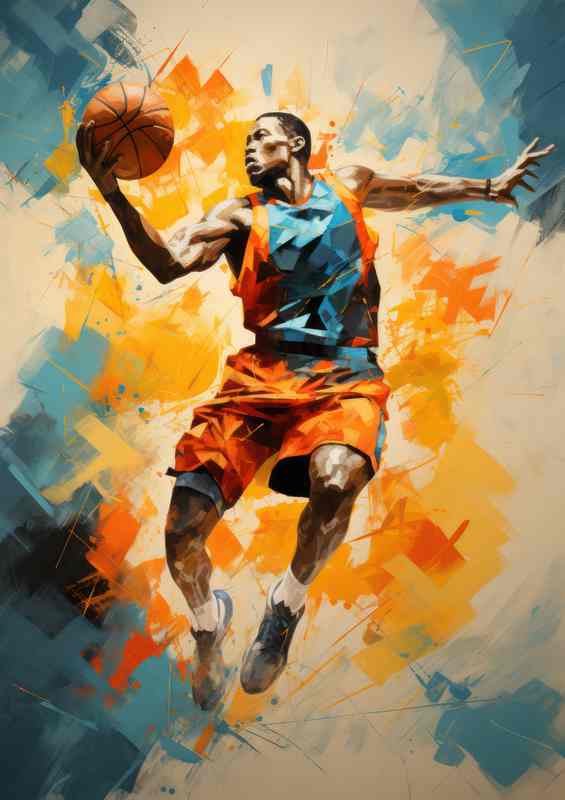 Basketball player doing an intricate_jump in color | Metal Poster