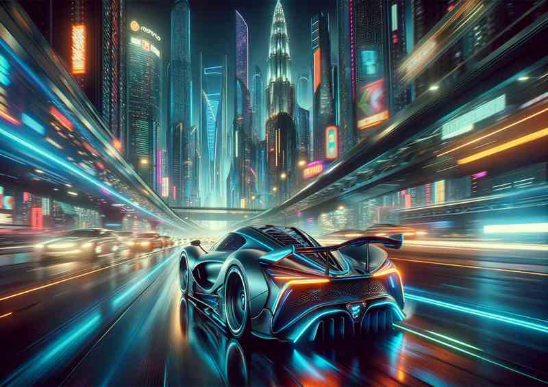 Futuristic Supercar Speeding through Neon Cityscape | Metal Poster