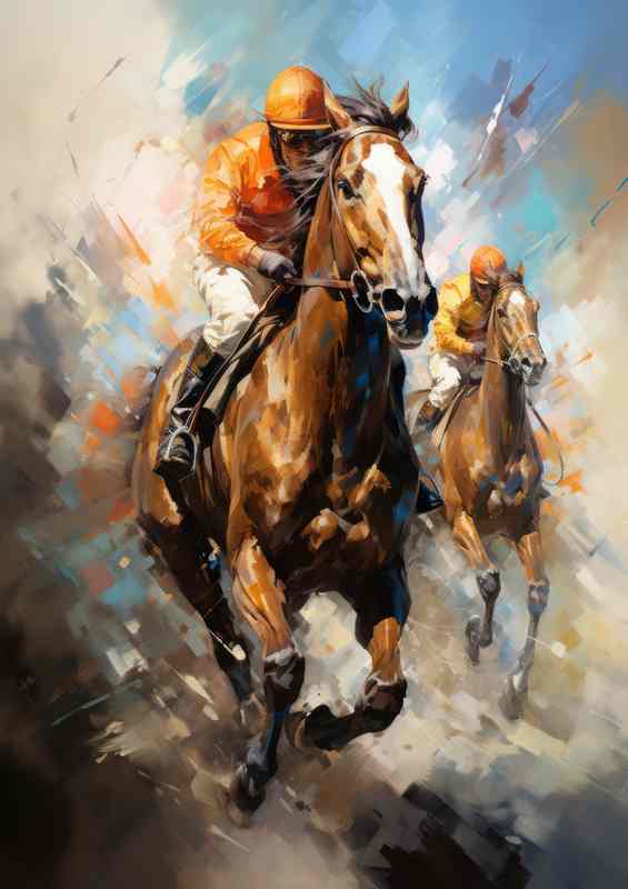Horses racing in a race track painted art style | Metal Poster