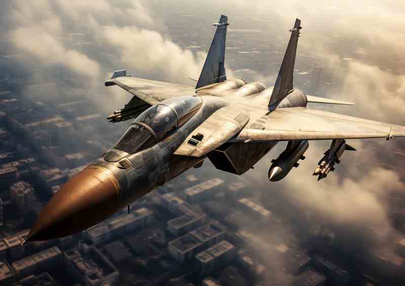 Fighter Jet Above the sky and buildings | Metal Poster