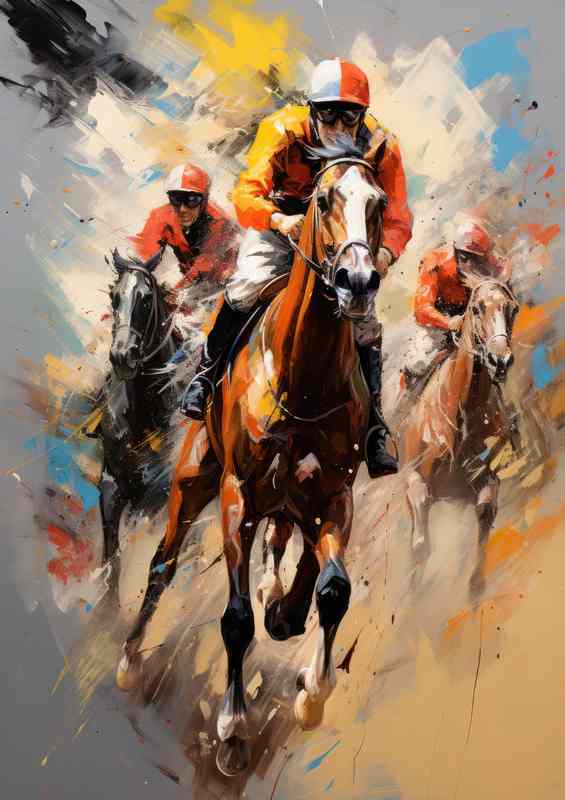 Jockeys on horses of race track winning painted style | Metal Poster
