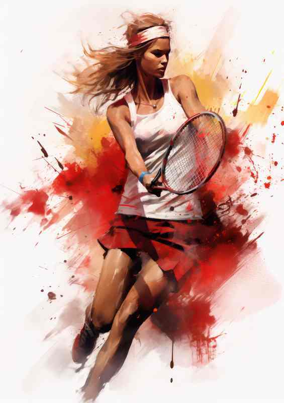 Lady Tennis player playing with a red racquet | Metal Poster