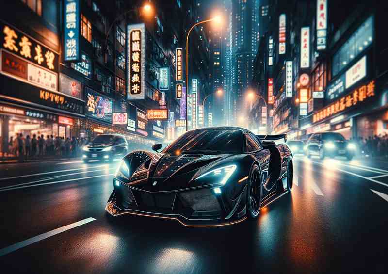 Black Supercar Cruising through Night City | Metal Poster
