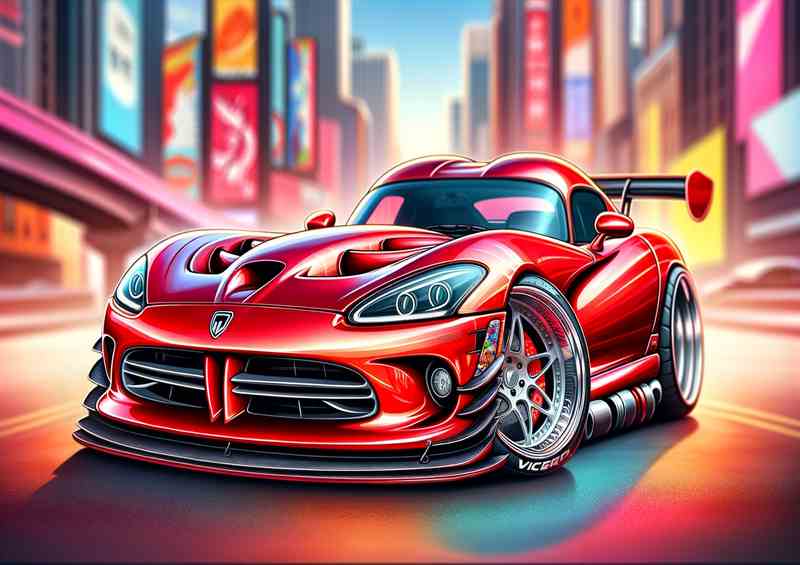 Dodge Viper with extremely exaggerated features In Red | Metal Poster