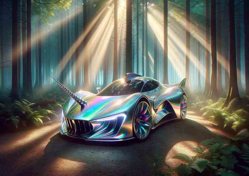 Enchanted Unicorn Spirit Iridescent Sports Car | Metal Poster